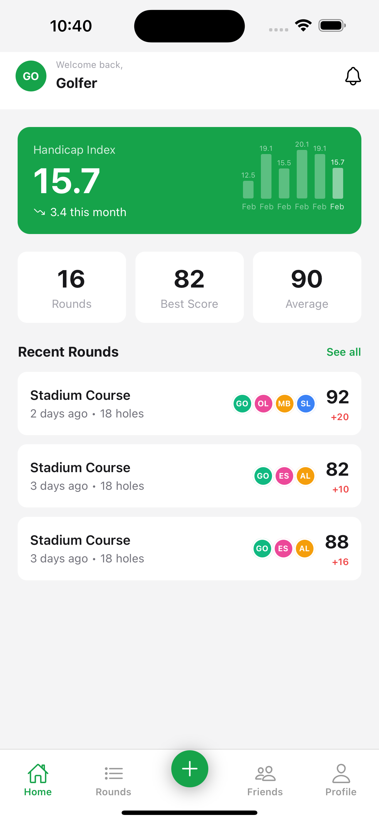 Birdie app home screen showing handicap tracking, round scores, and stats