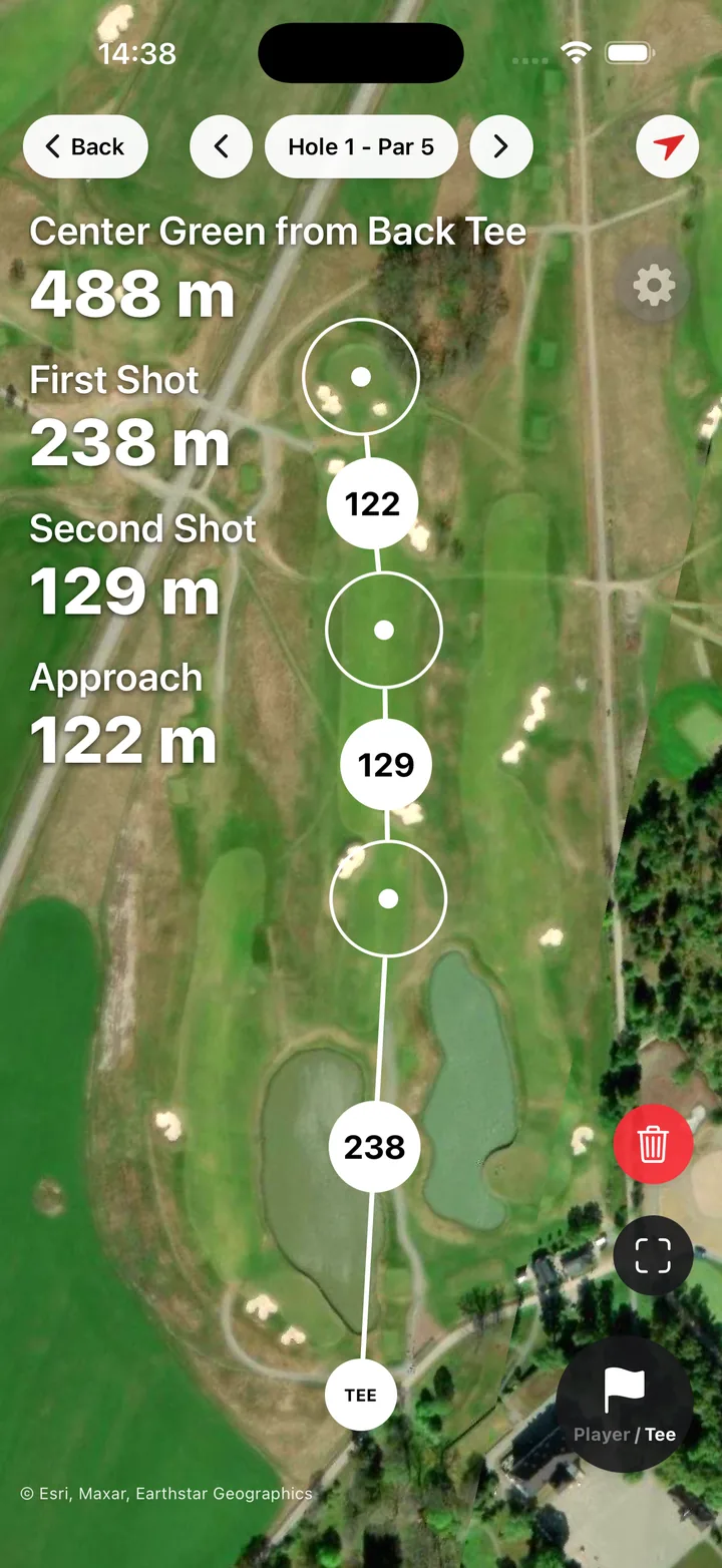 GolfKeeper GPS shot planner with points and distances on a satellite map