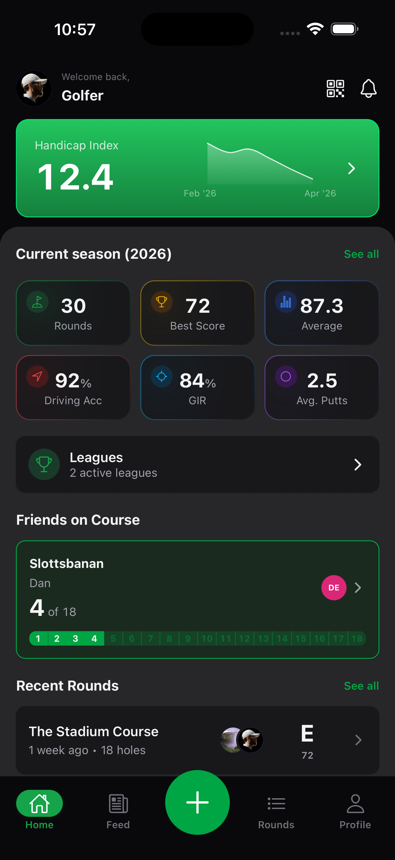 GolfKeeper app home screen showing handicap tracking, round scores, and stats