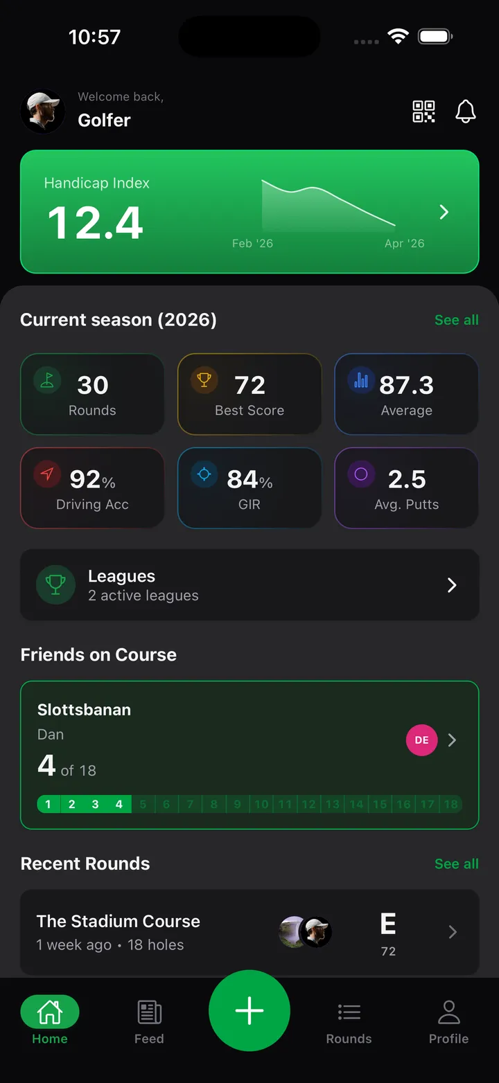 GolfKeeper app home screen showing handicap tracking, round scores, and stats