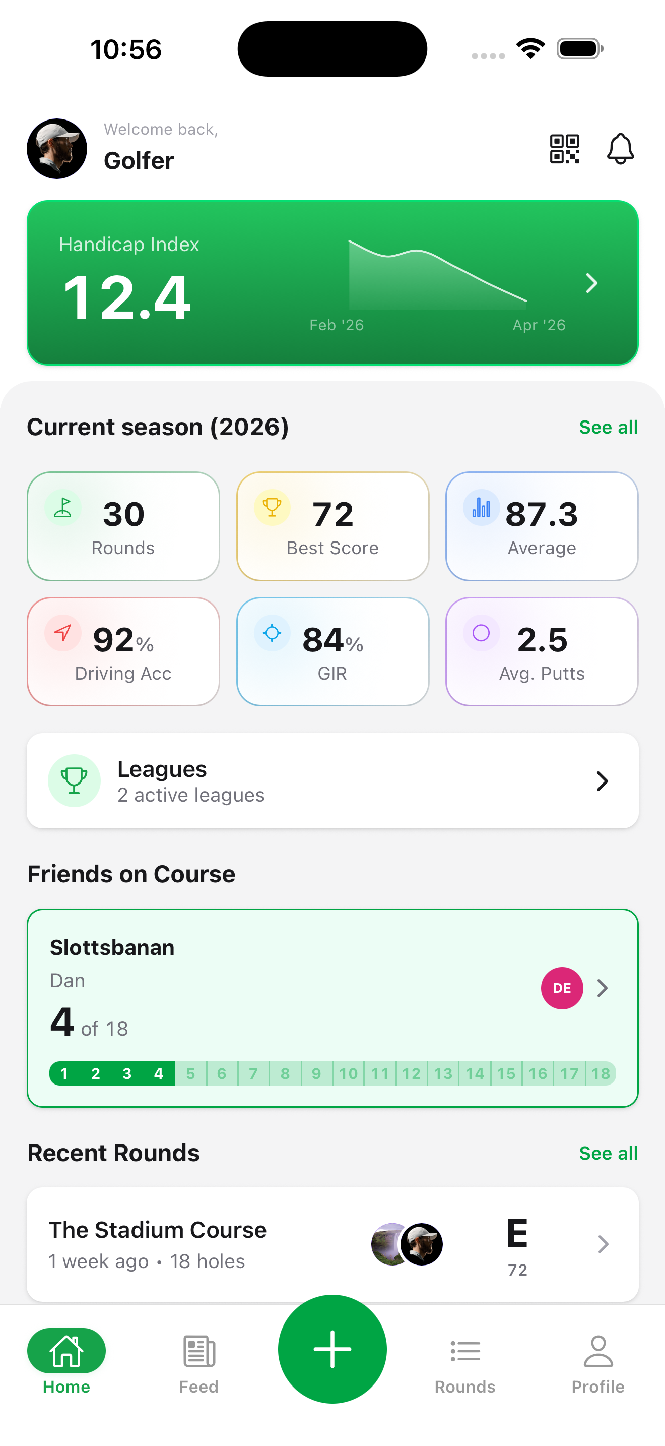 GolfKeeper app home screen showing handicap tracking, round scores, and stats