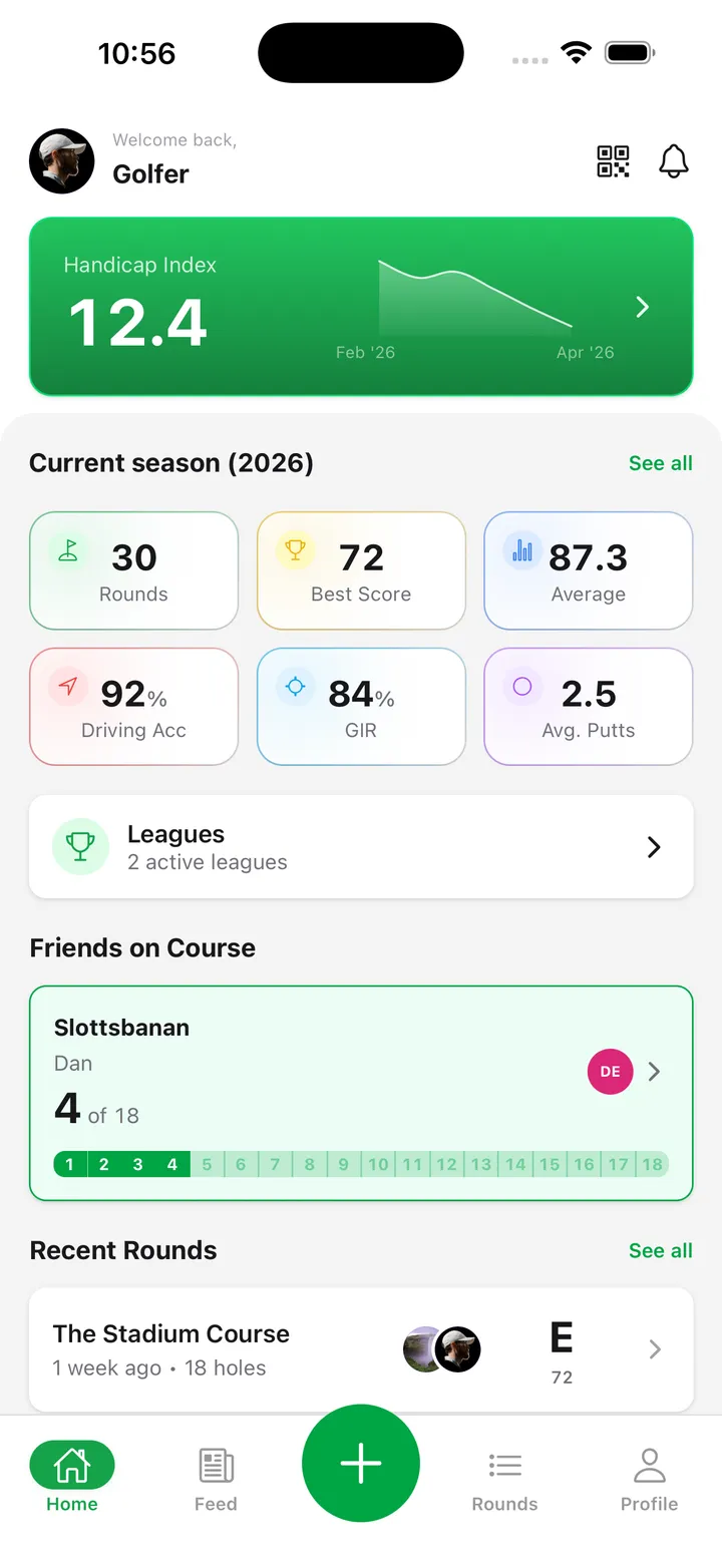 GolfKeeper app home screen showing handicap tracking, round scores, and stats