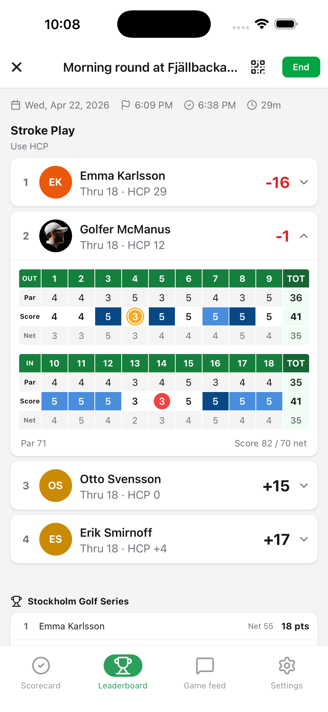 GolfKeeper leaderboard screen