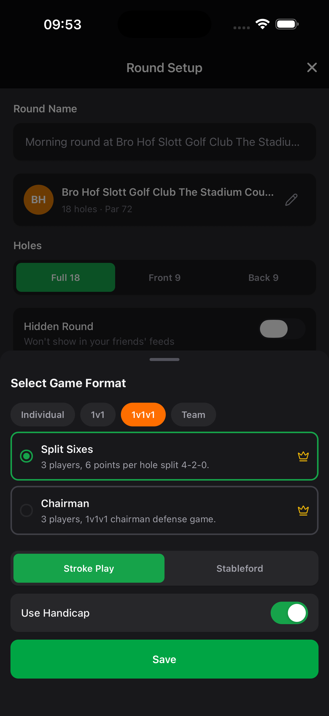 GolfKeeper round setup screen