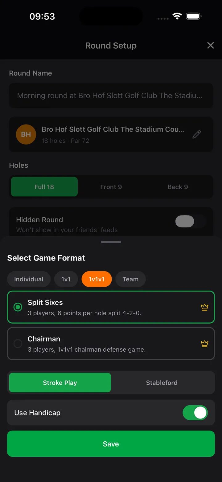 GolfKeeper round setup screen