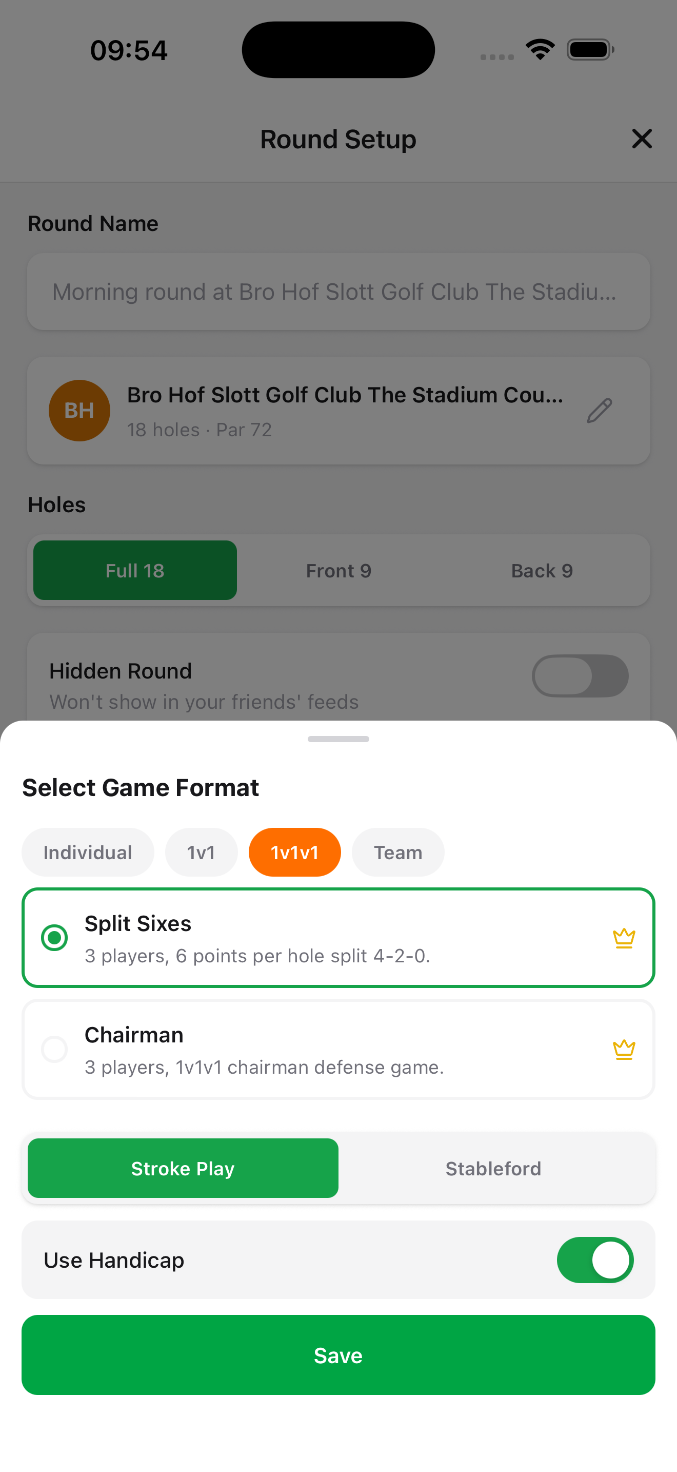 GolfKeeper round setup screen