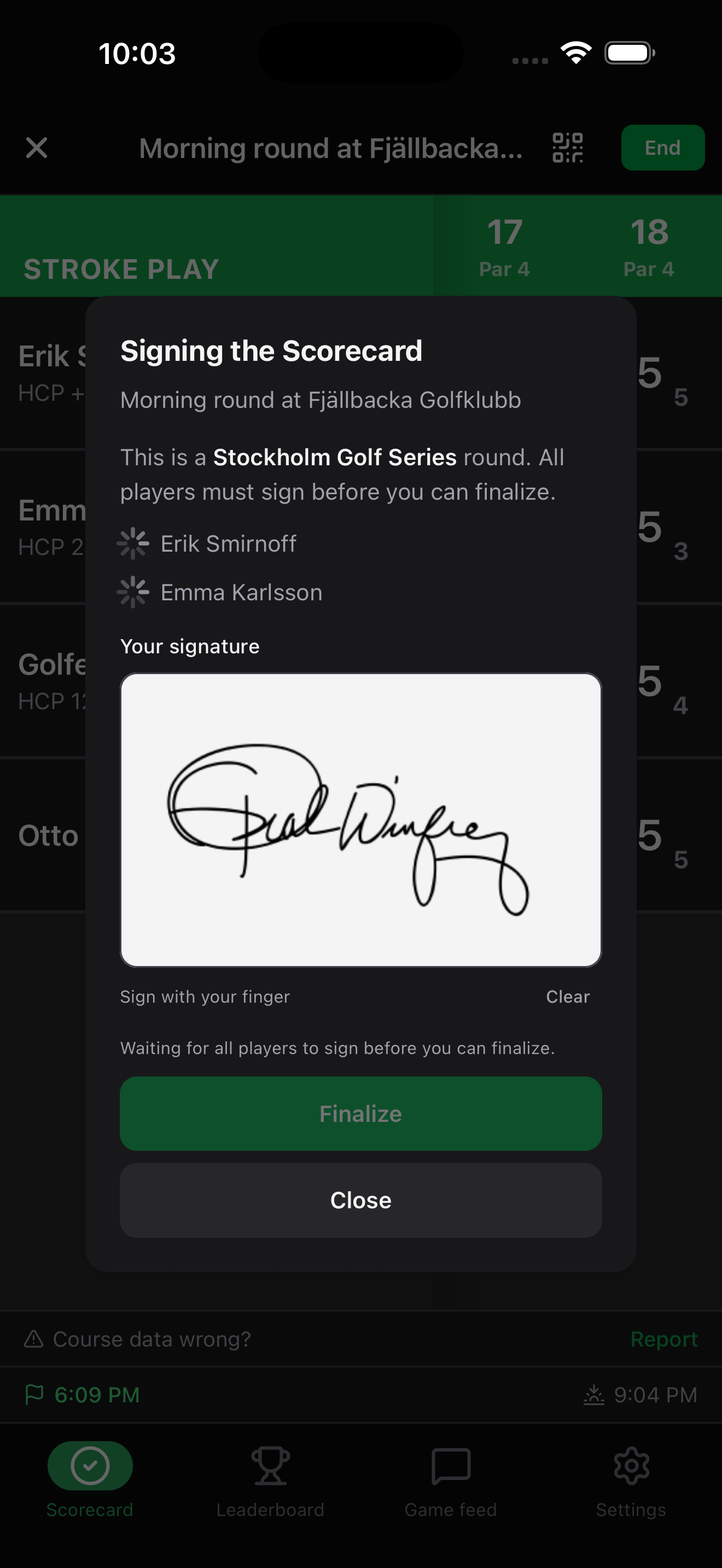 GolfKeeper sign scorecard screen