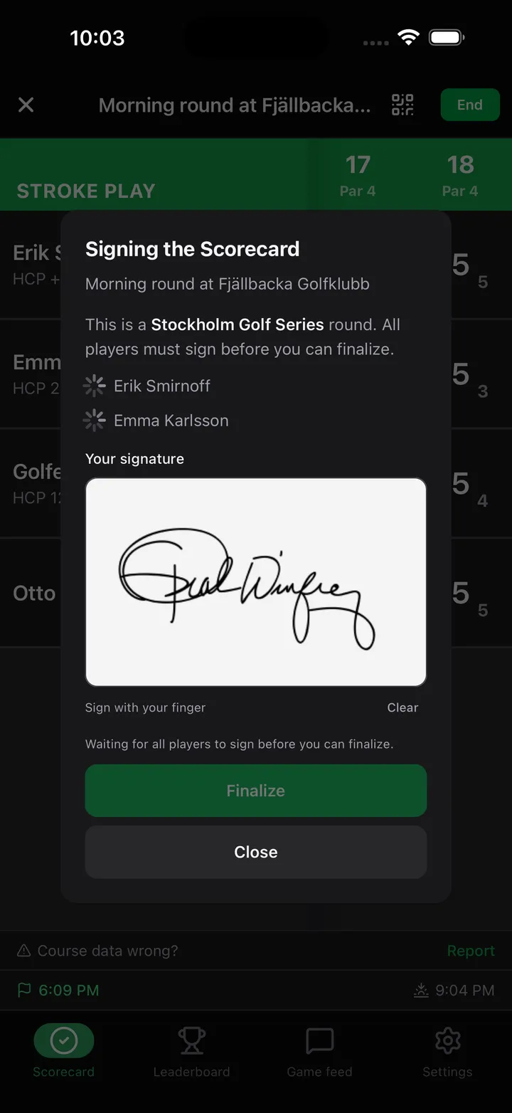 GolfKeeper sign scorecard screen