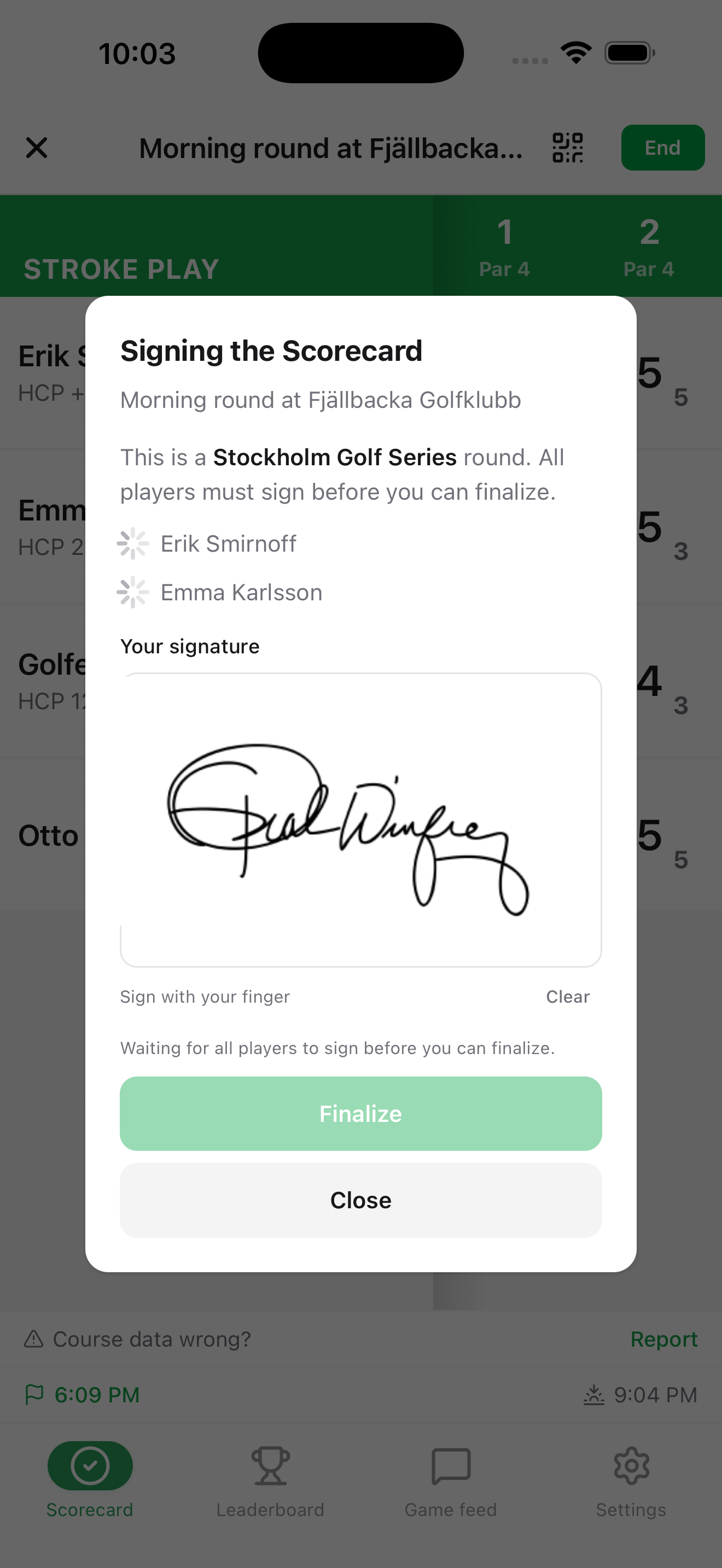 GolfKeeper sign scorecard screen