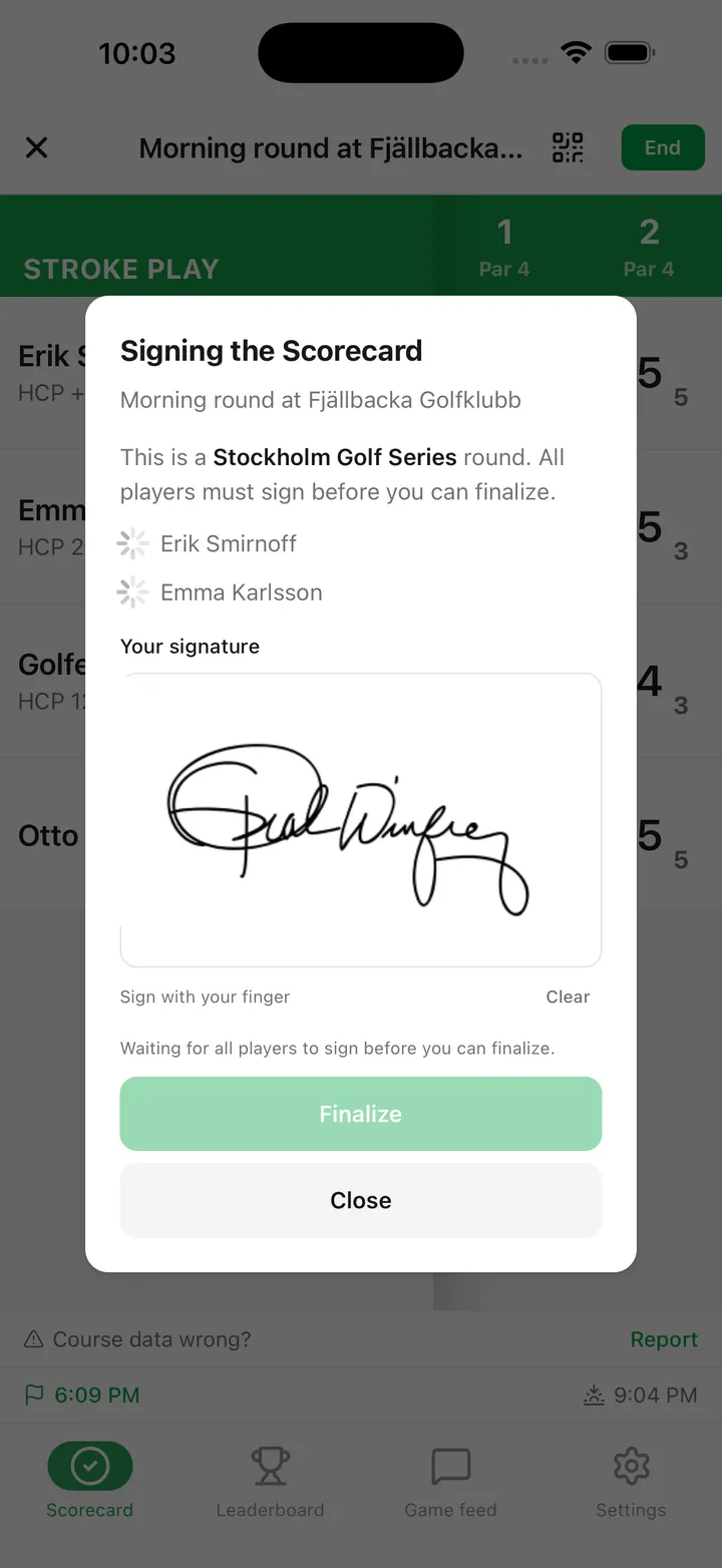 GolfKeeper sign scorecard screen